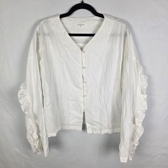 Commense Women's Cotton Button Down Shirt Long Ruffle Sleeve Top Size Medium - Picture 2 of 7
